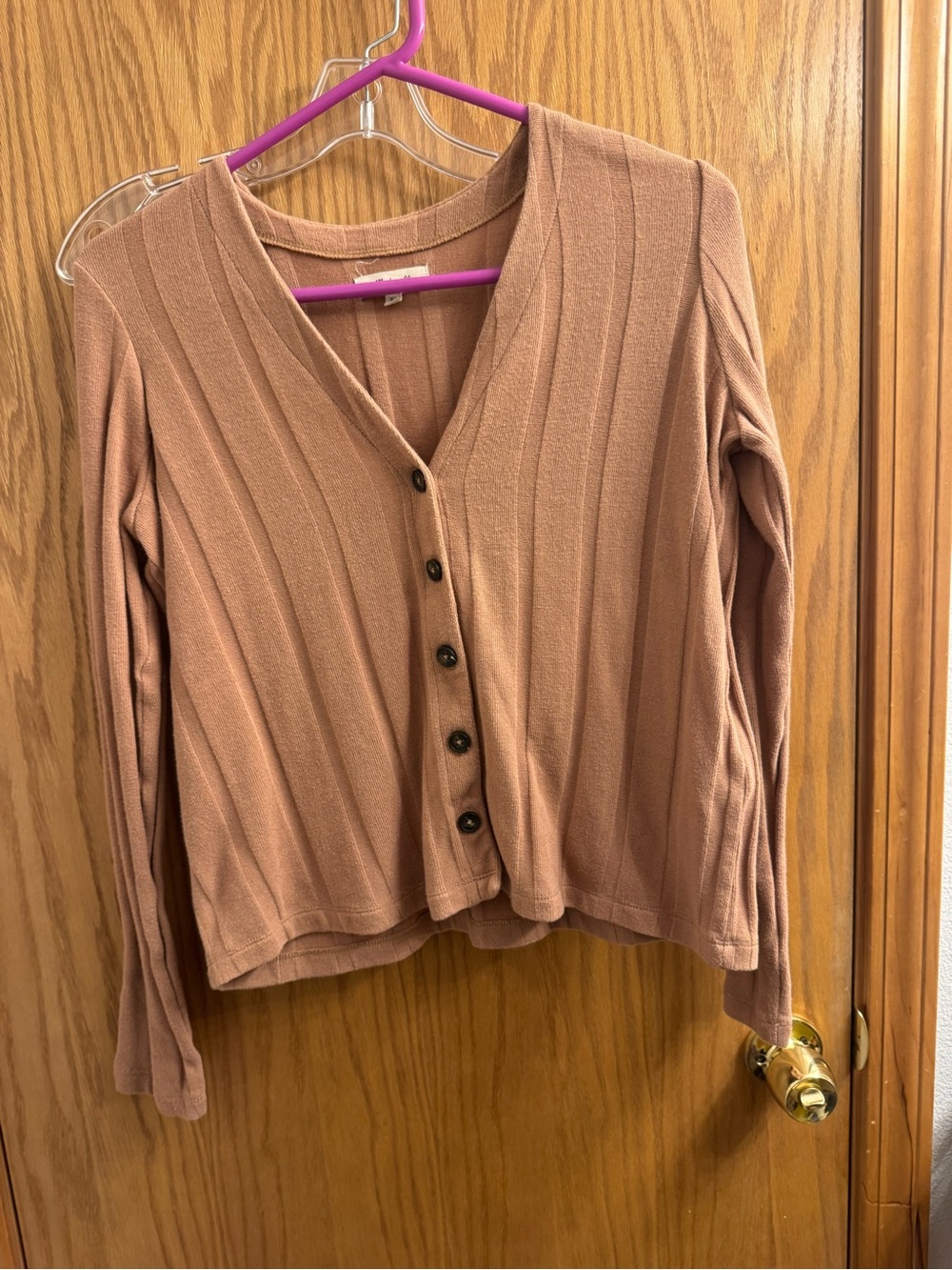 Madewell Mauve-Tone Ribbed Button-Down V-Neck Top